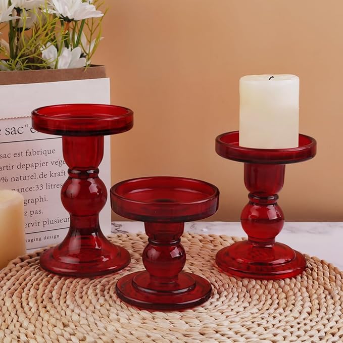 3-Piece Set of Red Glass Candlestick, Crystal Candlestick Holder Holder and - Image 7