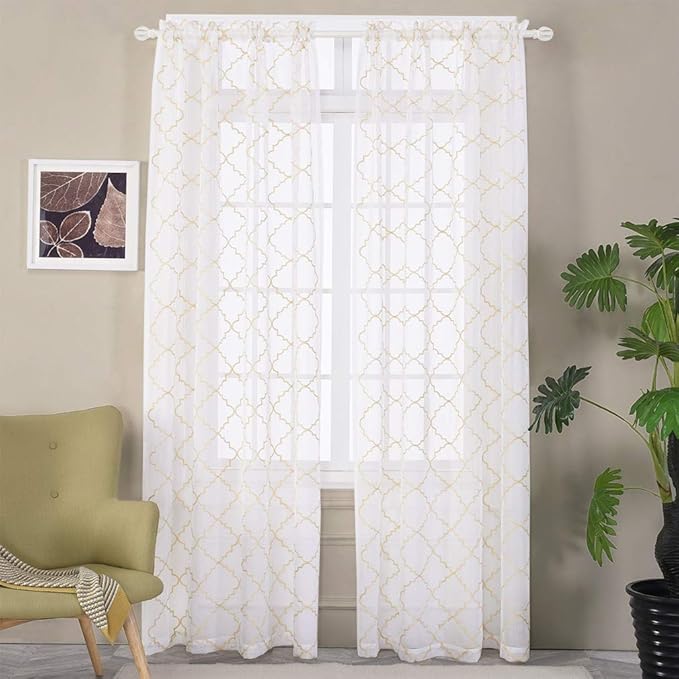 Sheer Curtains Gold 95 Inches Long, Rod Pocket Drapes - Image 2