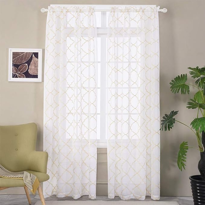 Embroidered Moroccan Tile Lattice Design Gold Sheer Curtains 84 Inch Long by MYSTIC-HOME