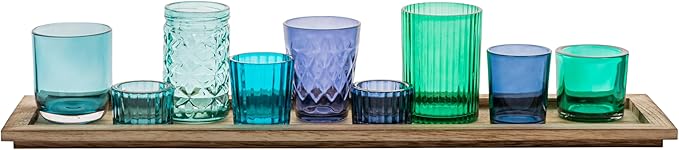 Creative Co-Op Wood Tray with 9 Blue & Green Glass Votive Holders - Image 6