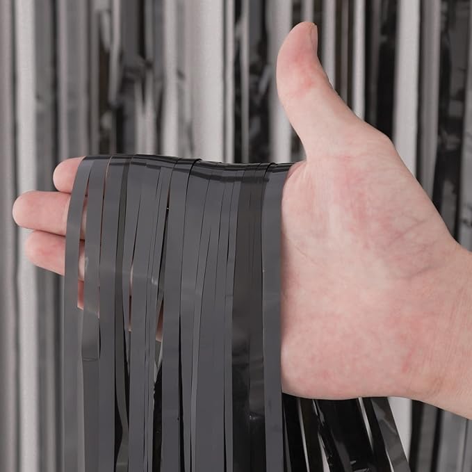 2 Pack Black Foil Fringe Backdrop Curtains, Tinsel Streamers Birthday Party - Image 2