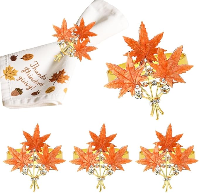 Maple Leaves Napkin Rings Set of 6, Fall Party Napkin Holder Buckles, by Unknown