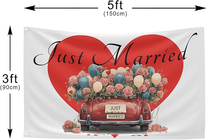 Heart Just Married Flag Banner Outdoor Indoor Decoration Flag 3x5 FT Double - Image 2