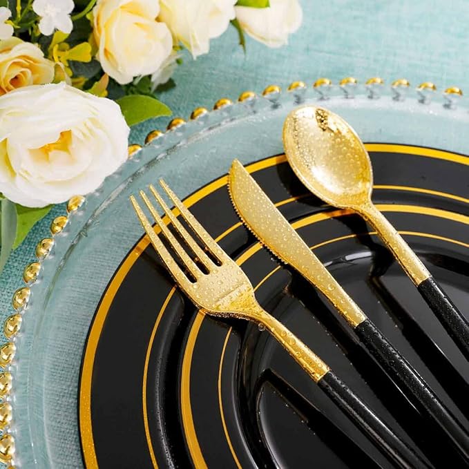 Rubtlamp 96 Pcs Gold Disposable Silverware, Plastic Cutlery, 32Knives - Image 5