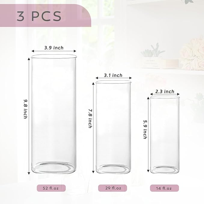 3 PCS Modern Square Glass Cylinder Vases Set – Elegant Bud Vases, Floating - Image 2