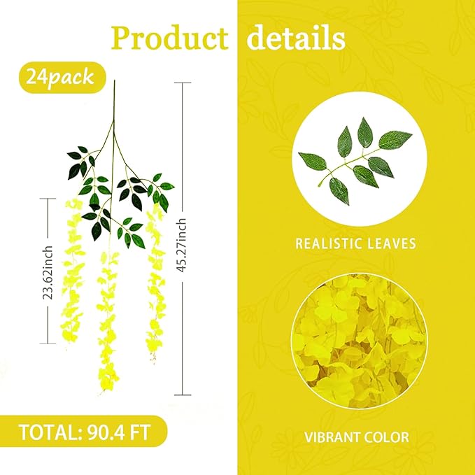 24 Pack Yellow Wisteria Hanging Flowers Garland, 3.77 Feet Artificial Flower - Image 3