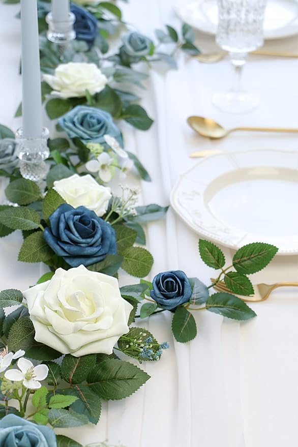 PONATIA 5FT Handcrafted Artificial Rose Flower Garland, Dusty Blue Flowers - Image 4