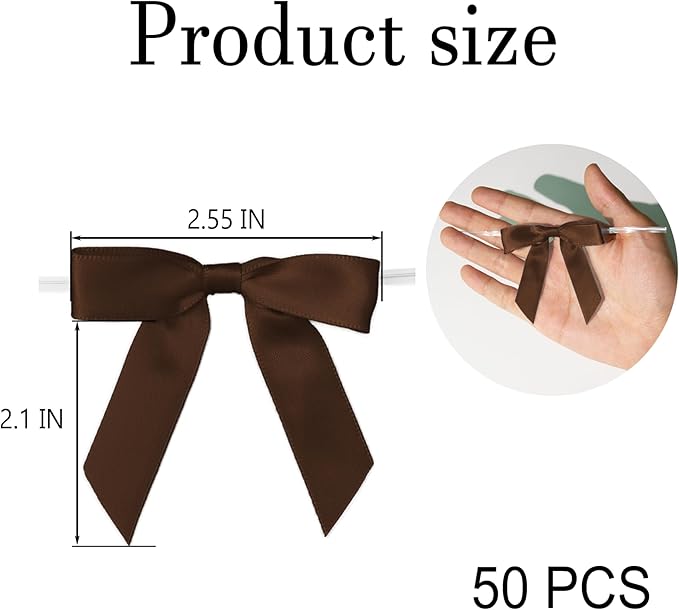 50Pcs Brown Twist Tie Bows for Gift Wrapping 2.5" Satin Ribbon Bow for Treat - Image 2