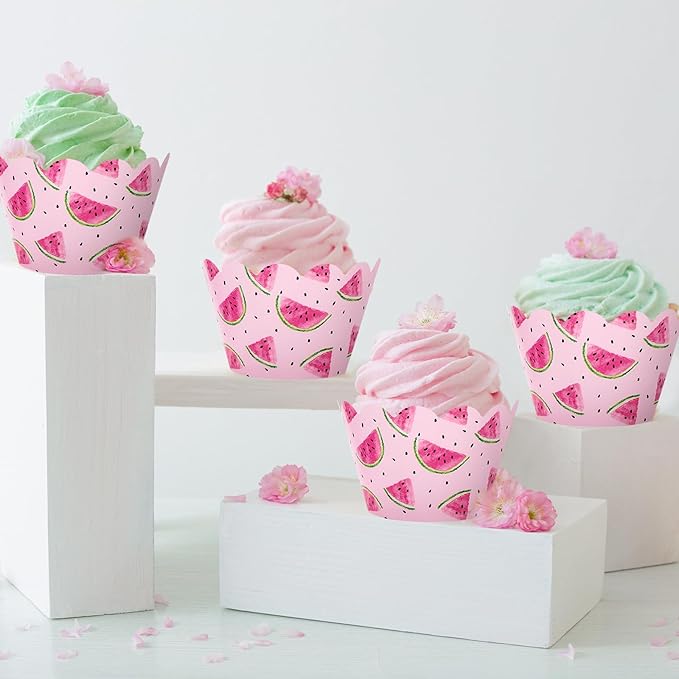Whaline 36Pcs Watermelon Cupcake Wrappers Watercolor Pink Watermelon Cupcake - Image 4