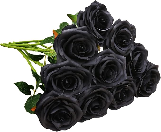 Artificial Rose 10pcs Open Flower Bouquet Black Faux Rose Stems by IUKnot
