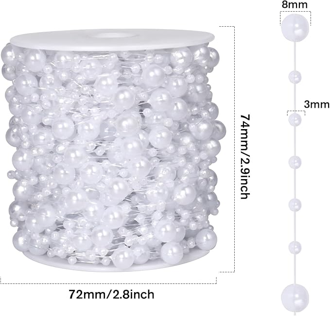 98FT Pearl Beads String Garland, 8mm 3mm White Faux Pearl Beads Roll Strand Bulk - Image 3