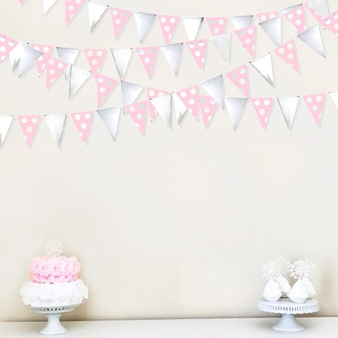 30 Ft Silver Pink Polka Dot Pennant Banner Blush Paper Circle Dot Triangle - Image 3