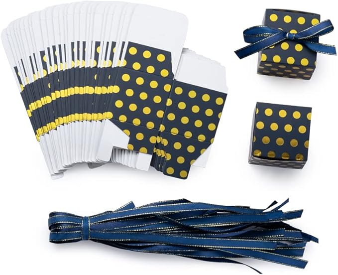Navy Blue Gift Candy Box with Gold Dots Bulk 2x2x2 inches with Ribbon Party - Image 4