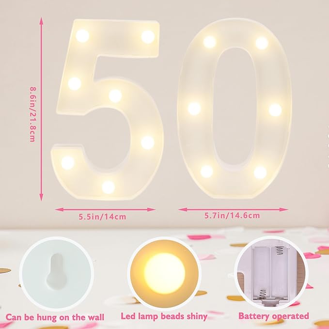 Decorative Led Light Up Numbers, 50th Birthday Decorations, Warm White Led - Image 2