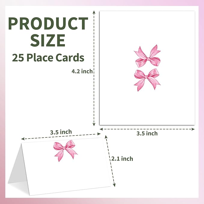 25 Pink Bow Place Cards for Table Seating, Watercolor Wedding Name Place Card - Image 2