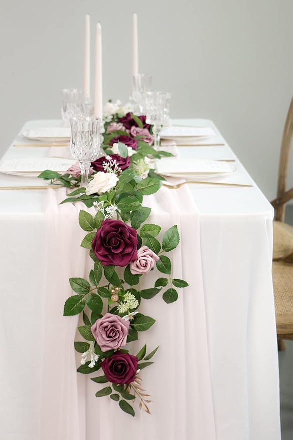 PONATIA 5FT Handcrafted Burgundy Artificial Rose Garland, Dusty Rose Flowers - Image 5