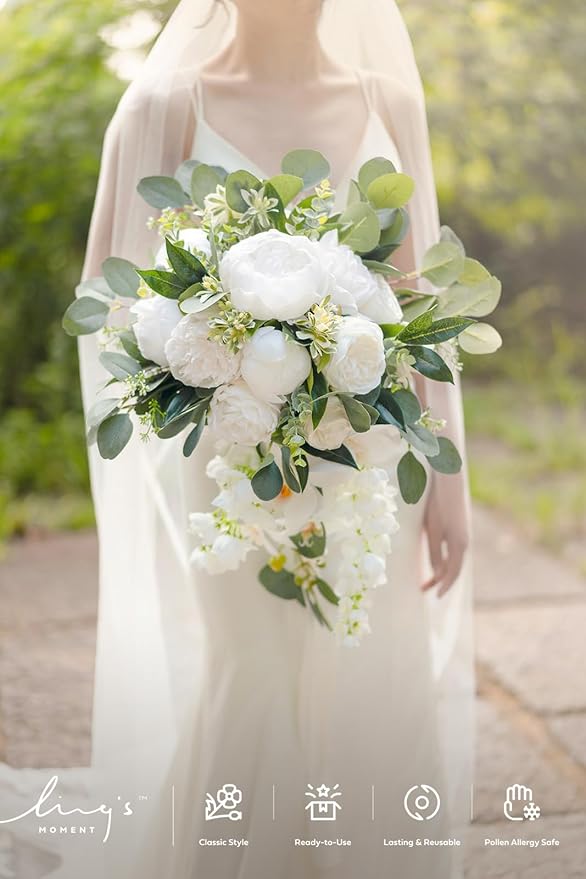 Ling's moment White Bridal Bouquet Cascading, 13 Inch Ivory Bride Bouquets - Image 5