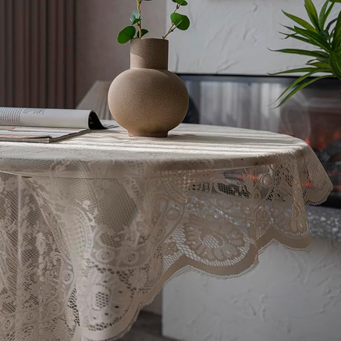 Vintage 60 inch Beige Lace Tablecloth Floral Embroidered Boho Shabby Chic Small - Image 9