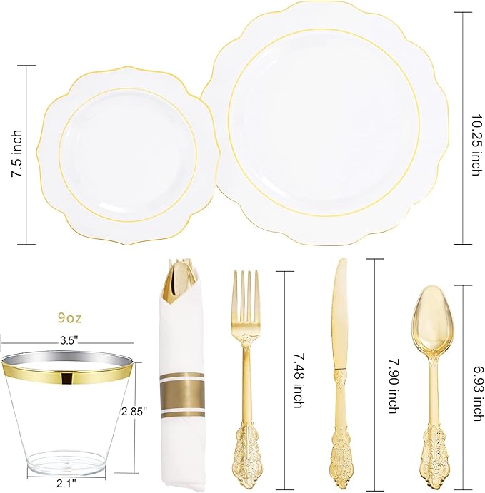 NOCCUR 50Guest Gold Rim Clear Plastic Plates&Disposable Silverware Cups-Include - Image 3