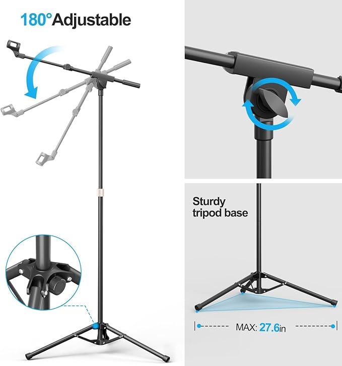 Mic Stand with Boom Arm, Heavy Duty Tripod Microphone Stand Floor Holder Height - Image 8