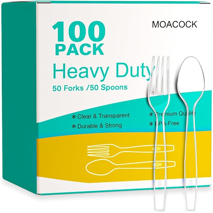 100 Count Plastic Silverware, Heavy Weight Plastic Forks Spoons Disposable by MOACOCK