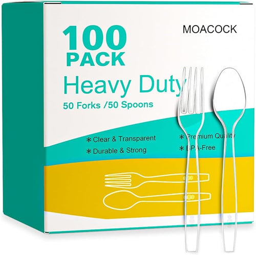 100 Count Plastic Silverware, Heavy Weight Plastic Forks Spoons Disposable by MOACOCK