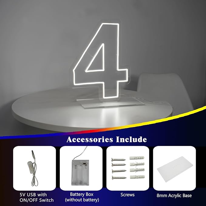 Number 4 Neon Sign for Birthday, 16.54" Cool White USB Battery Powered One Neon - Image 5