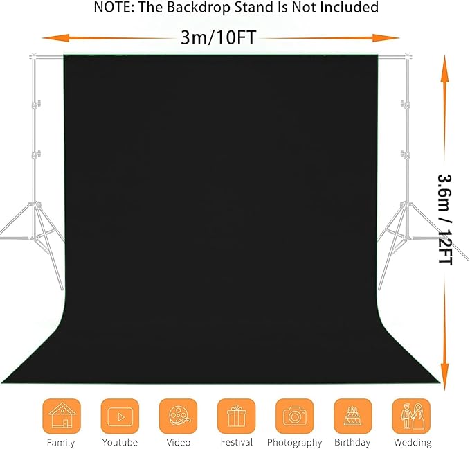12x10 FT Black Backdrop Background, 100% Polyester Photography Backdrop Screen - Image 2
