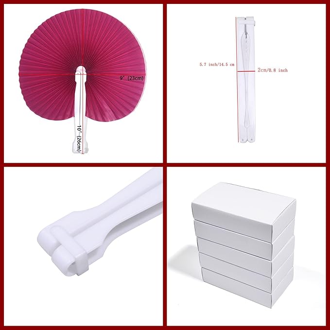 12 Packs Decorative Paper Folding Hand Fans Handheld, Hot Pink Round Foldable - Image 2