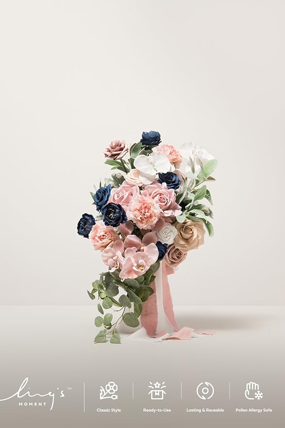 Ling's moment Dusty Rose Navy Blue Bridal Bouquet Cascading, 15 Inch Silk - Image 3