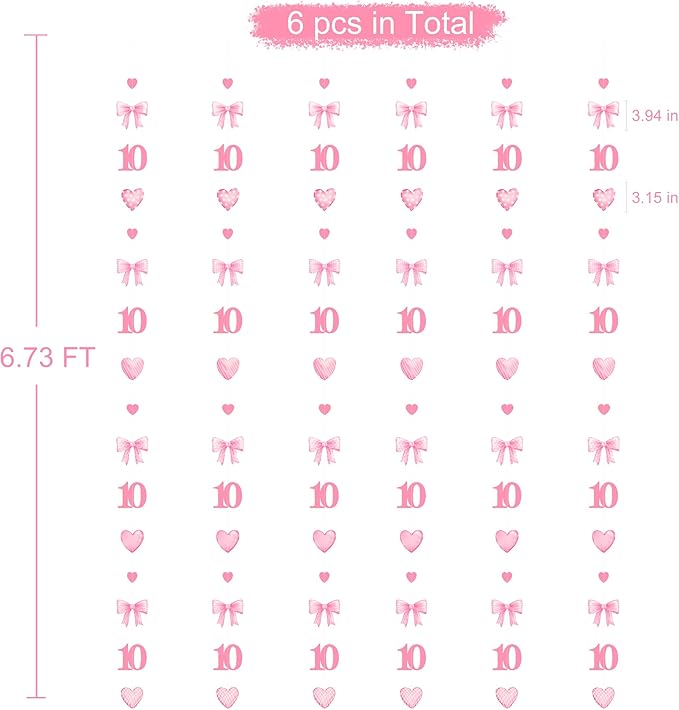 40Ft Pink 10th Bow Birthday Decorations Hot Pink Conquette Bow Heart Garland - Image 2