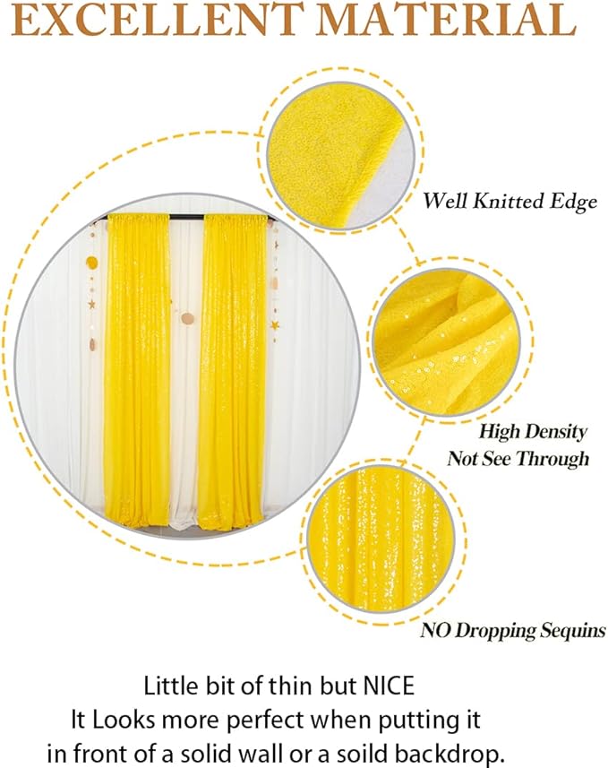 ShinyBeauty Sparkle Backdrop Curtain Yellow 2 Panels Set Sequin Photo Backdrop - Image 4