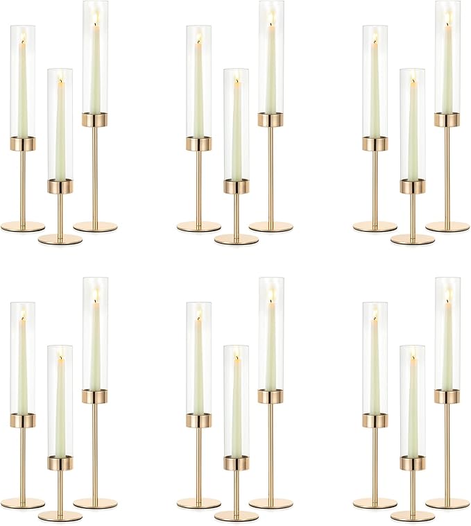 NUPTIO Candle Stick Holder for Wedding: 18 Pcs Tall Hurricane Gold Candles by Nuptio