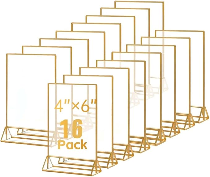 16 Pack Gold Acrylic Sign Holder, 4x6 Inch Picture Frames Wedding Double Sided by Adboros
