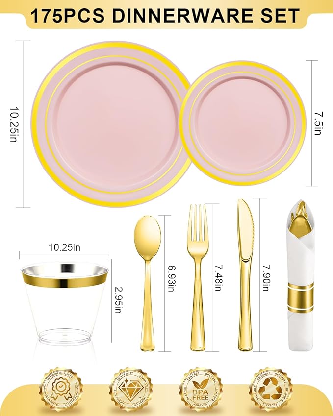 175PCS Pink Plastic Dinnerware Set, Disposable Party Plates - Image 3