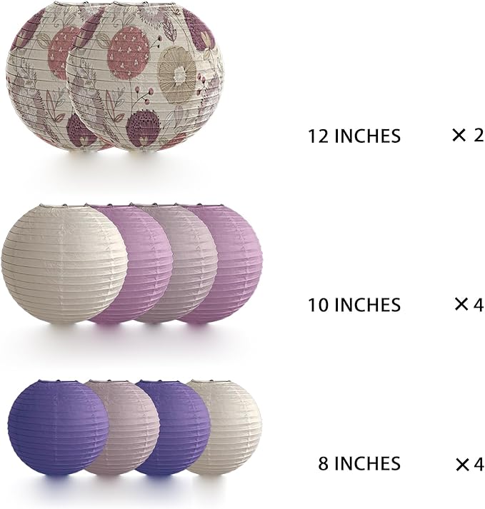 Paper Lanterns Party Decorations Size of 12’10’8inch Floral Pattern Purple Pink - Image 4
