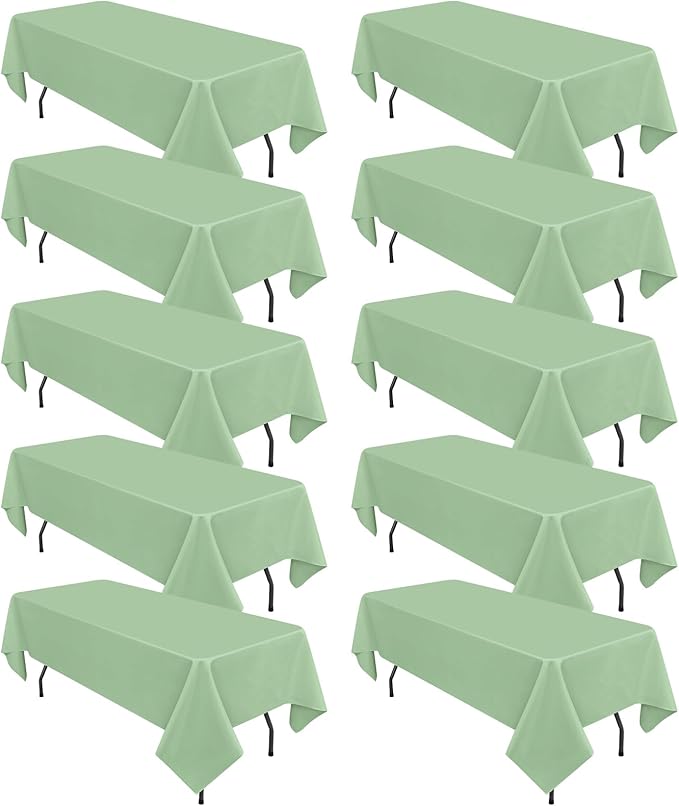 10 Pack Sage Green Rectangular Tablecloths, 60 x 126 Inch, Wrinkle & Stain by REWOMC