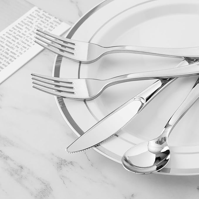 BESTVIP 50 Pack Pre Rolled Silver Plastic Silverware Set, Disposable Wrapped - Image 4