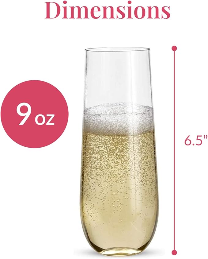 Prestee 24 Plastic Champagne Flutes - 9oz Heavy Duty Stemless Champagne Glasses - Image 3