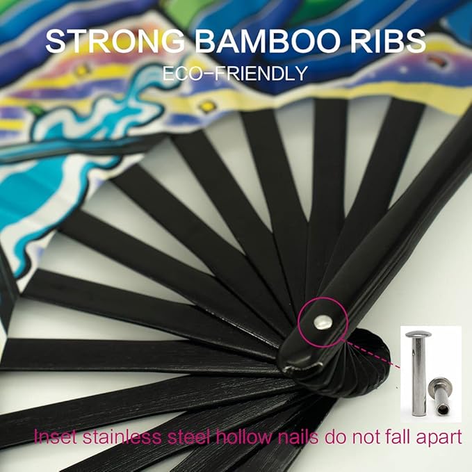 13" Large Rave Fan Bamboo, Folding Clack Hand Fans Foldable - Image 3
