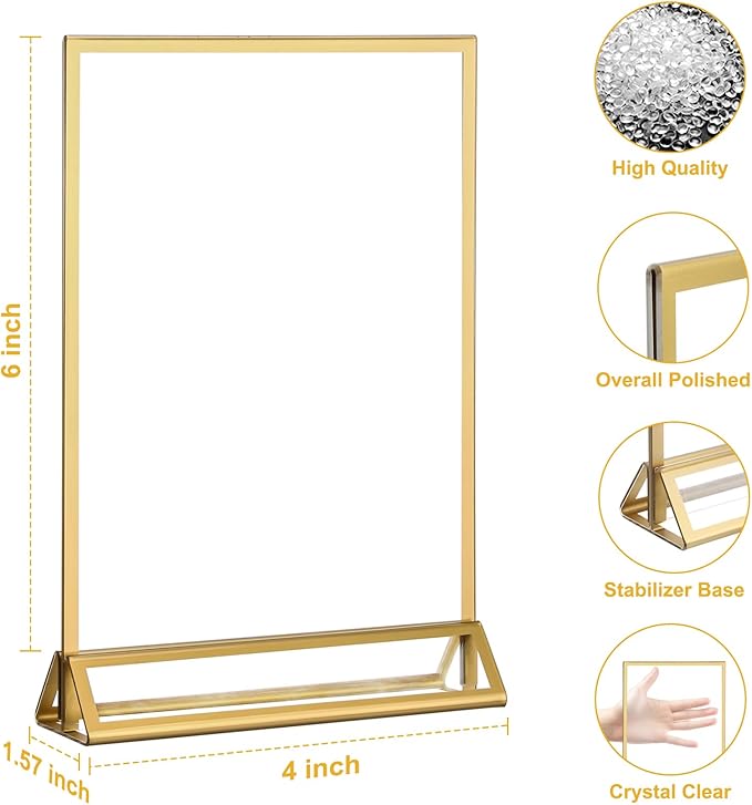 EHWINE 2 Pack Acrylic Sign Holder 4 x 6, Double Sided Gold Picture Frame Stand - Image 4