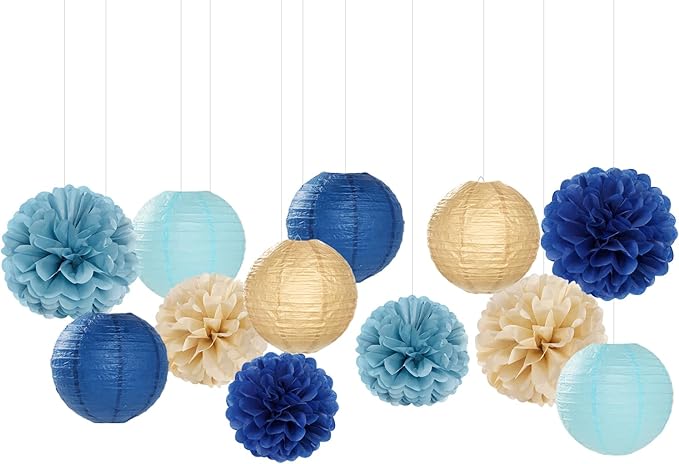 Dusty-Navy Blue Champagne-Gold Paper-Flowers Lanterns - Image 7