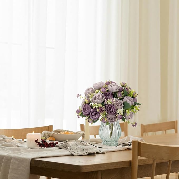 Artificial Peonies Silk Flowers in Glass Vase Faux Flowers Bouquets Modern - Image 6