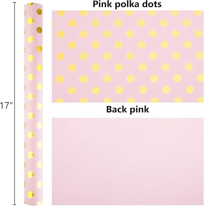 Burymento Pink and Gold Dots Wrapping Paper, Reversible Pink Gift Wrap - Image 6