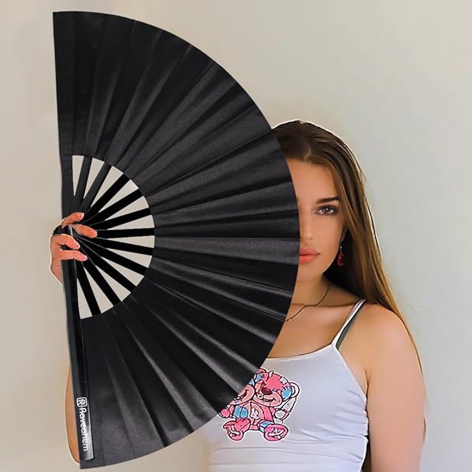 13" Large Rave Fan Bamboo, Folding Clack Hand Fans Foldable - Image 6