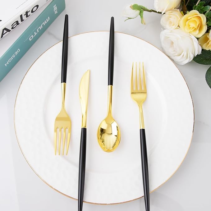 I00000 300Pcs Black Plastic Silverware, Happy New Year Gold Disposable - Image 4