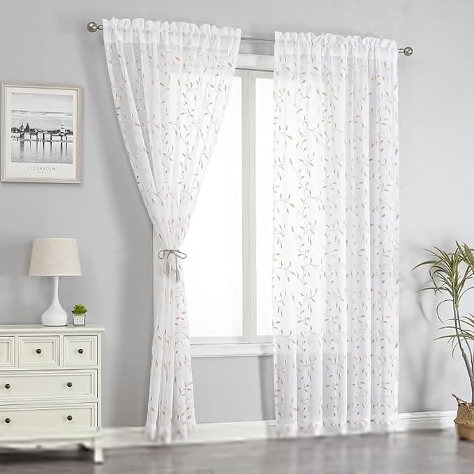 VISIONTEX White Sheer Voile Curtains, Decorative Orange Leaves Embroidery Faux - Image 2