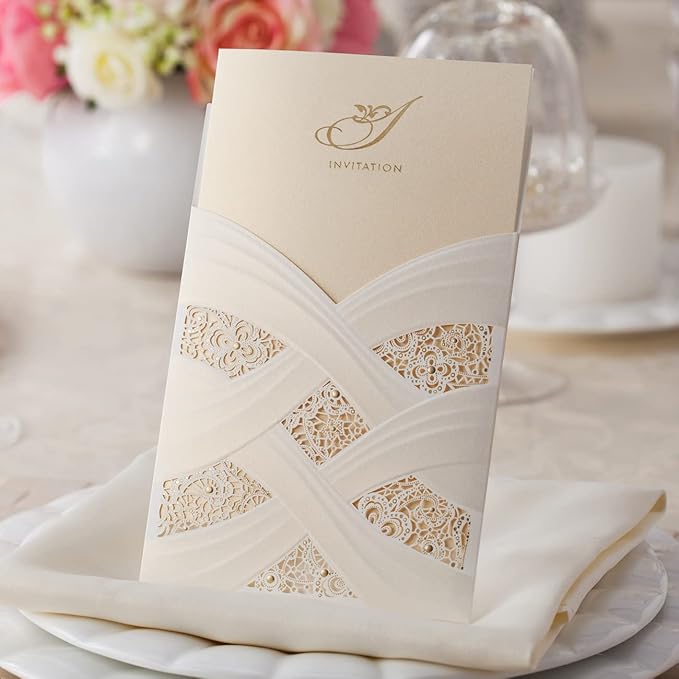 Hosmsua 50PCS Customized Ivory Wedding Invitations Kit 5.12x7.2 Inch Laser Cut - Image 6