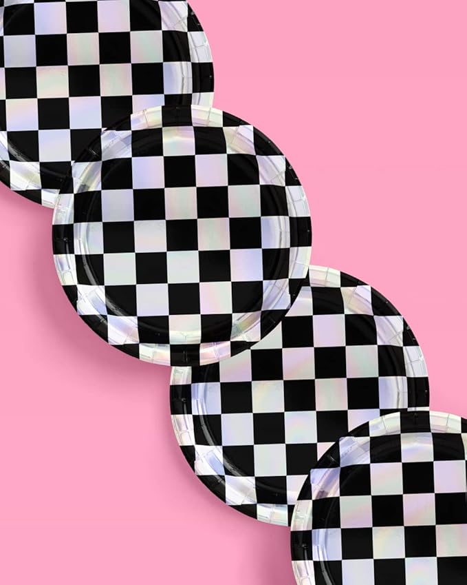 xo, Fetti Black and Iridescent Checker Paper Plates - Image 2