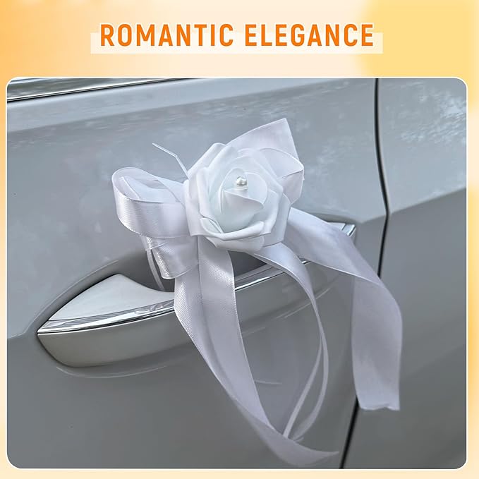 Wedding Car Decoration Flowers, Artificial White Bow Cars Decorative Flower Rose - Image 4